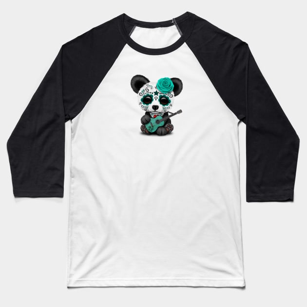 Blue Sugar Skull Panda Playing Guitar Baseball T-Shirt by jeffbartels